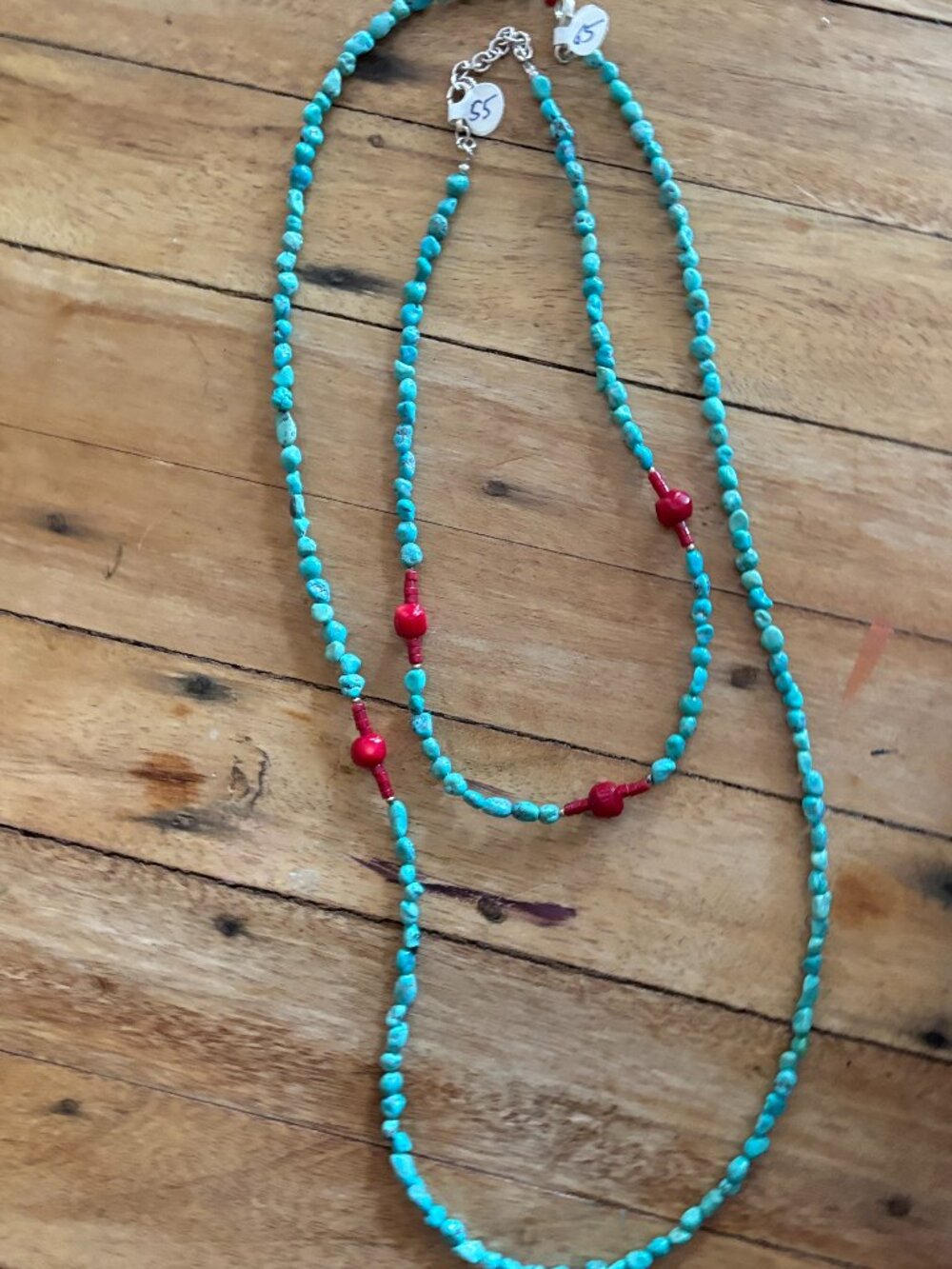 Turquoise-Look & Coral Layering Necklace Set - Long 29in + Short 18in - 2 Piece